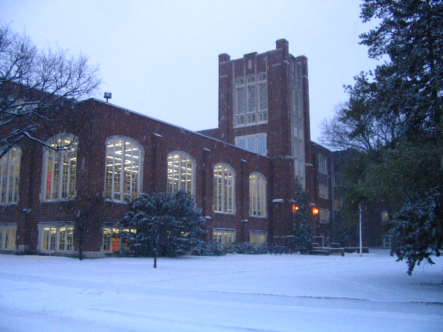 UND's Chester Fritz Library during a December snow fall.
