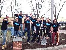 UND Students during the annual "Big Event" doing landscape work at the Chamber's Old Depot Building.