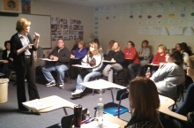 Staff enjoying a presentation by ESU #3 staff developer, Janet Foss, on March 14, 2013 - Hourly Staff Development Day.